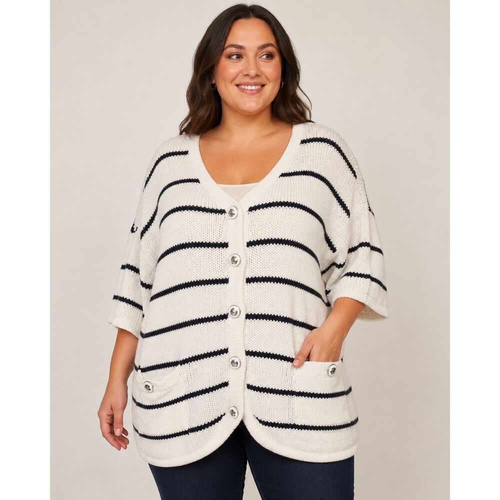 Talbots Stripe Button Front Cardigan Sweater Jacket Coastal Nautical Plus Preppy